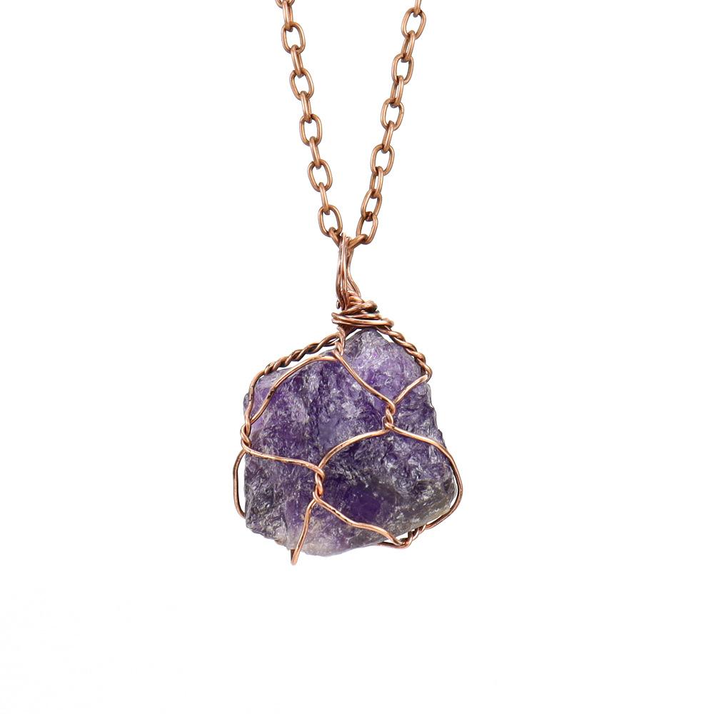 Irregular Natural Crystal Amethyst Rough Stone Pendant Handmade Silk Mesh Pocket Necklace N652