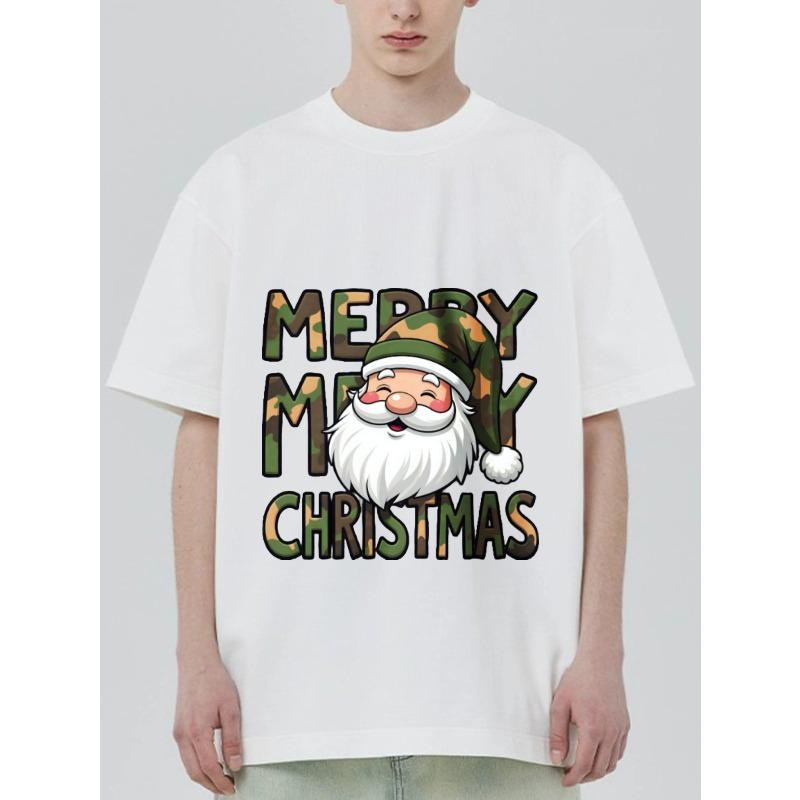 Christmas T-Shirt Black Camouflage Santa Claus Merry Christmas Print Holiday Party Wear