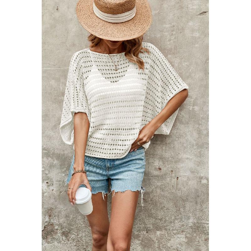 2026 New Round Neck Solid Color Women's Bat Sleeve Hollow Loose Knit Sweater