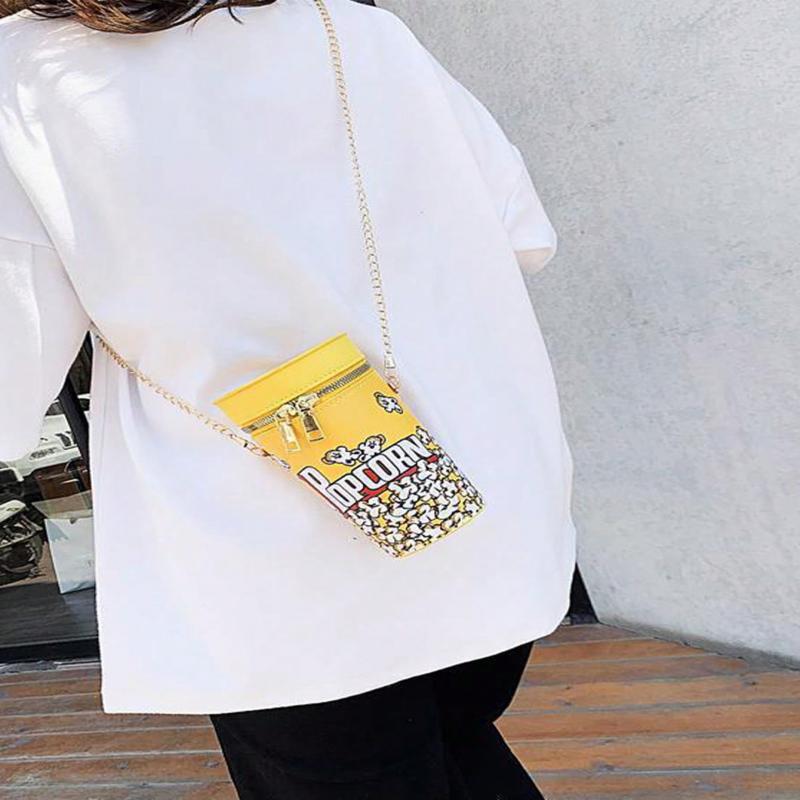 Popcorn Design Bucket Bag, Chain Crossbody Bag, Creative Cylinder Purse For Women, PU Leather Textured Bag Purse, Fancy Fashion Shoulder Bag