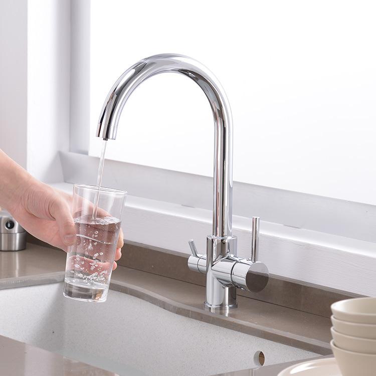 

Хромированный двухручный фильтрованный кран для кухни, поворотный на 360 градусов водопроводный кран с фильтром для воды, трехходовой смеситель для мойки, кухонный кран