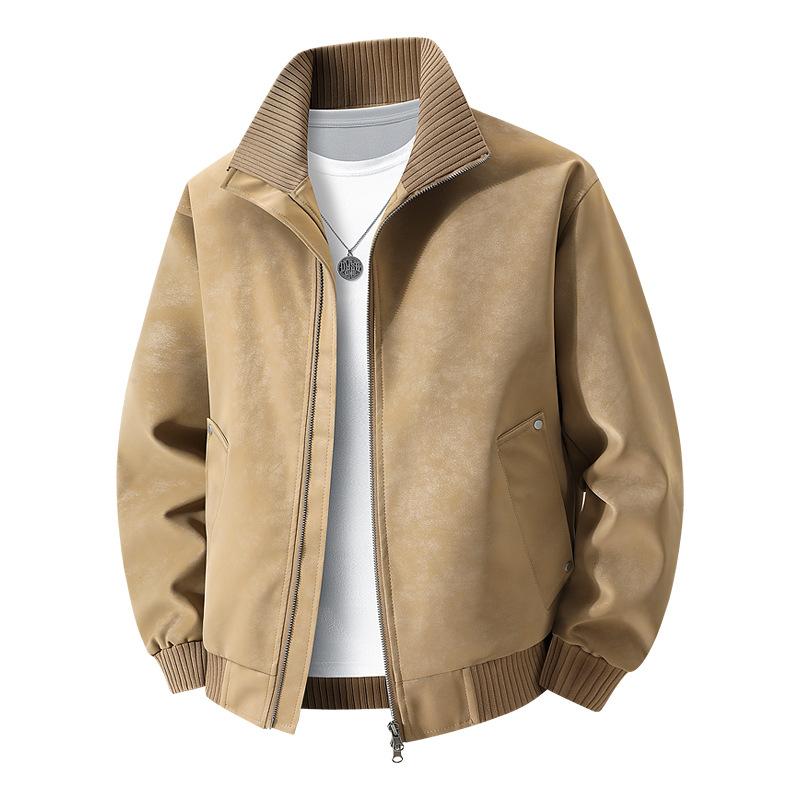 Trendy brand locomotive men's leather jacket stand-up collar glossy retro leather high-end sense large size versatile men's leather jacket