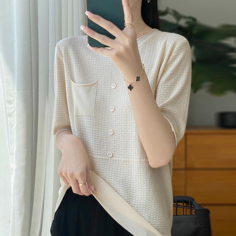Women Knit T-shirt Summer Knitted Shirt Short Sleeve Tees O-neck Pullover Knit Tops Female