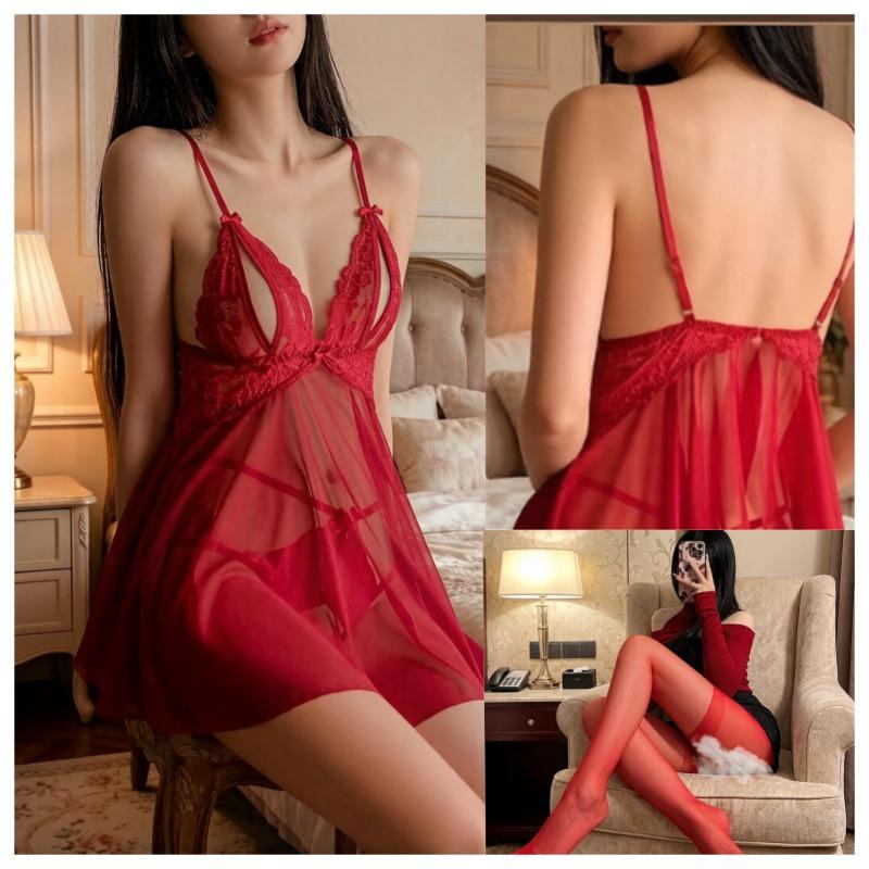 Sex Underwear Sexy Free Large Size Light Luxury Sweet Mesh Deep V Suspender Nightdress Lace Robe Uniform Women