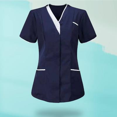 Summer Women T-shirt V Neck Pockets Short Sleeve Buttons Working Uniform for Nursing