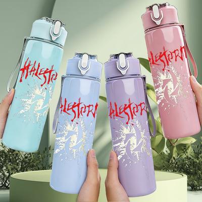 1PC Faint Vintage Band Sketch Print 750ml Colorful Plastic Sports Water Bottle Leakproof Pop Up Lid with Straw for Outdoor Work Home Use