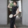Black Velvet Floral Brocade Qipao Dress Women Vintage Chic Long Fit-and-Flare Sleeveless Style