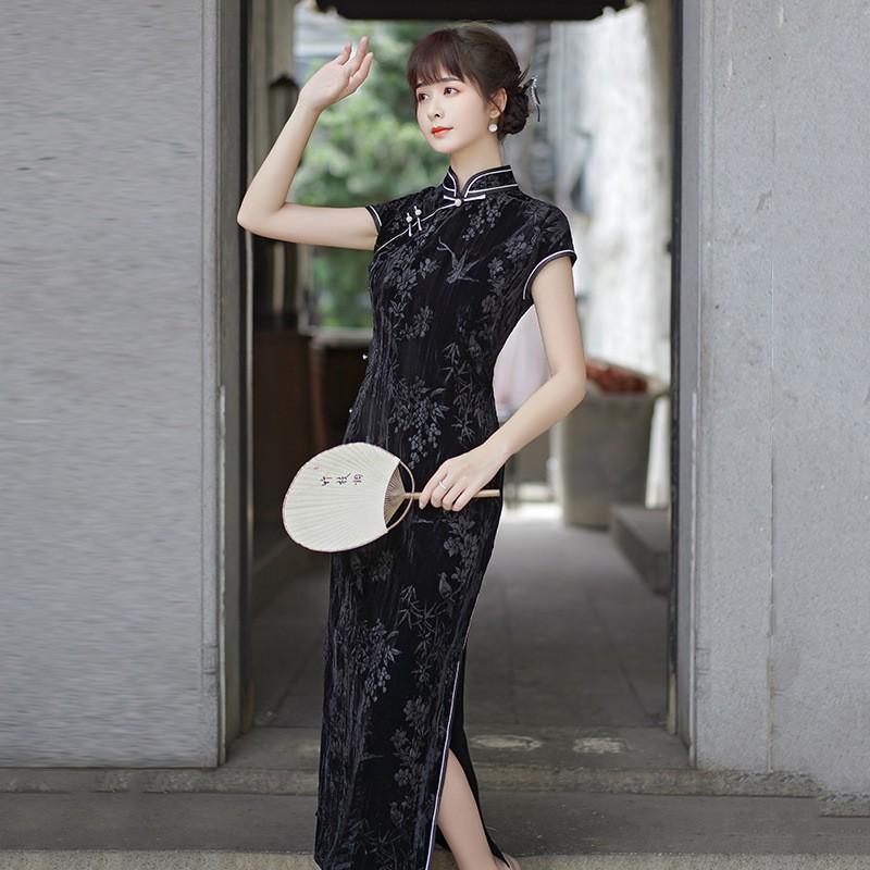 Black Velvet Floral Brocade Qipao Dress Women Vintage Chic Long Fit-and-Flare Sleeveless Style