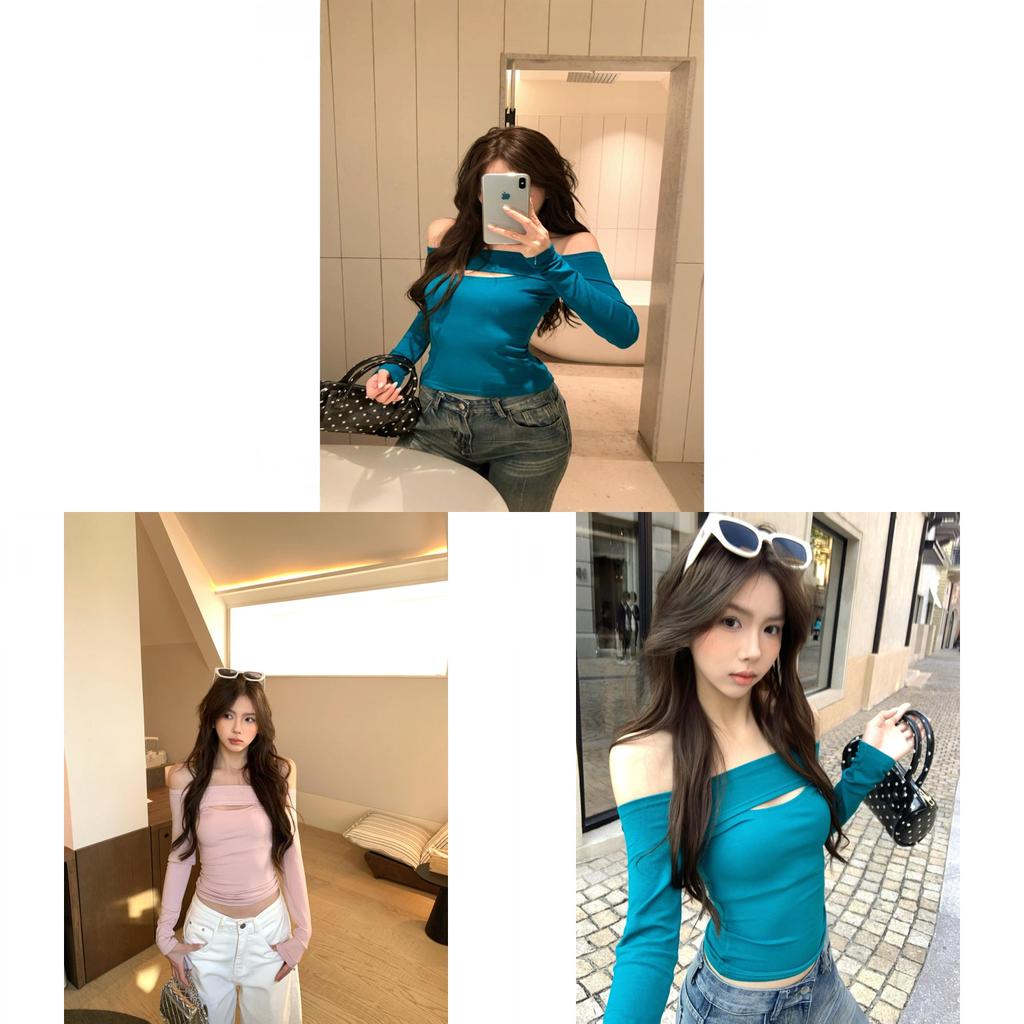 Spring Off Shoulder Hollow Out Long Sleeve T Shirt With Slim Fit For Casual Wear