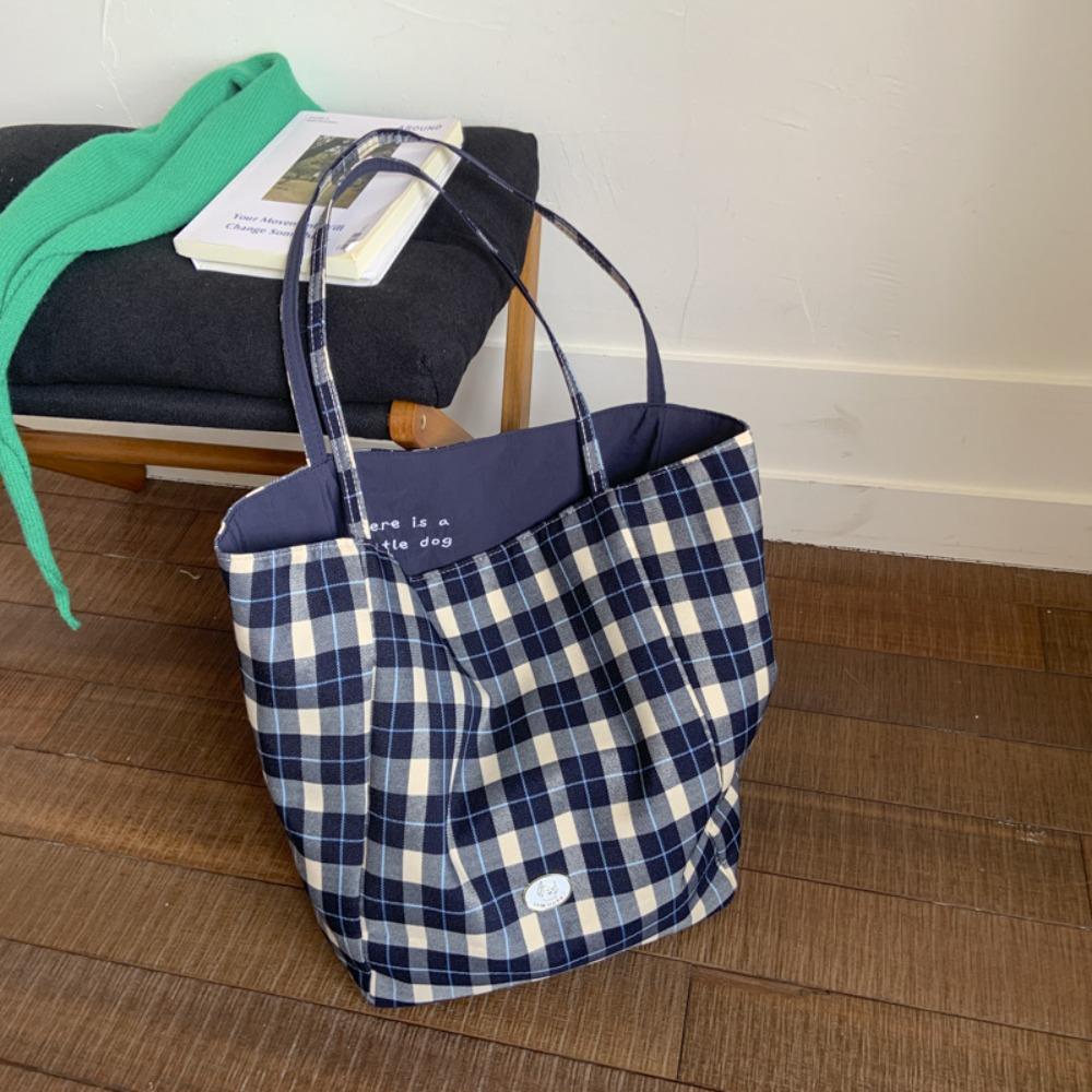 Leisure Double Sided Shoulder Bag Versatile Lattice Handbag Casual Plaid Canvas Tote Bag  Women