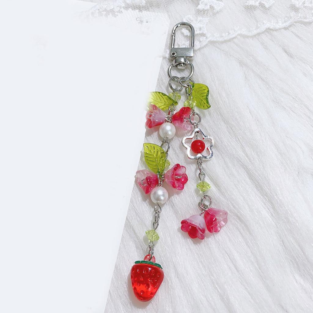 Delicate Strawberry Floral Design Keyring Lightweight Portable Bag Charm Decors Handmade Strawberry Flower Keyring