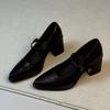 Cowhide Version~ Black Thin Leather Mary Jane Shoes Women's Cm Thick Heel Pointed Head Shallow Mouth One-word Buckle Single Shoes High Heels