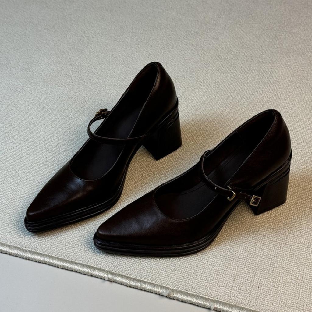 Cowhide Version~ Black Thin Leather Mary Jane Shoes Women's Cm Thick Heel Pointed Head Shallow Mouth One-word Buckle Single Shoes High Heels