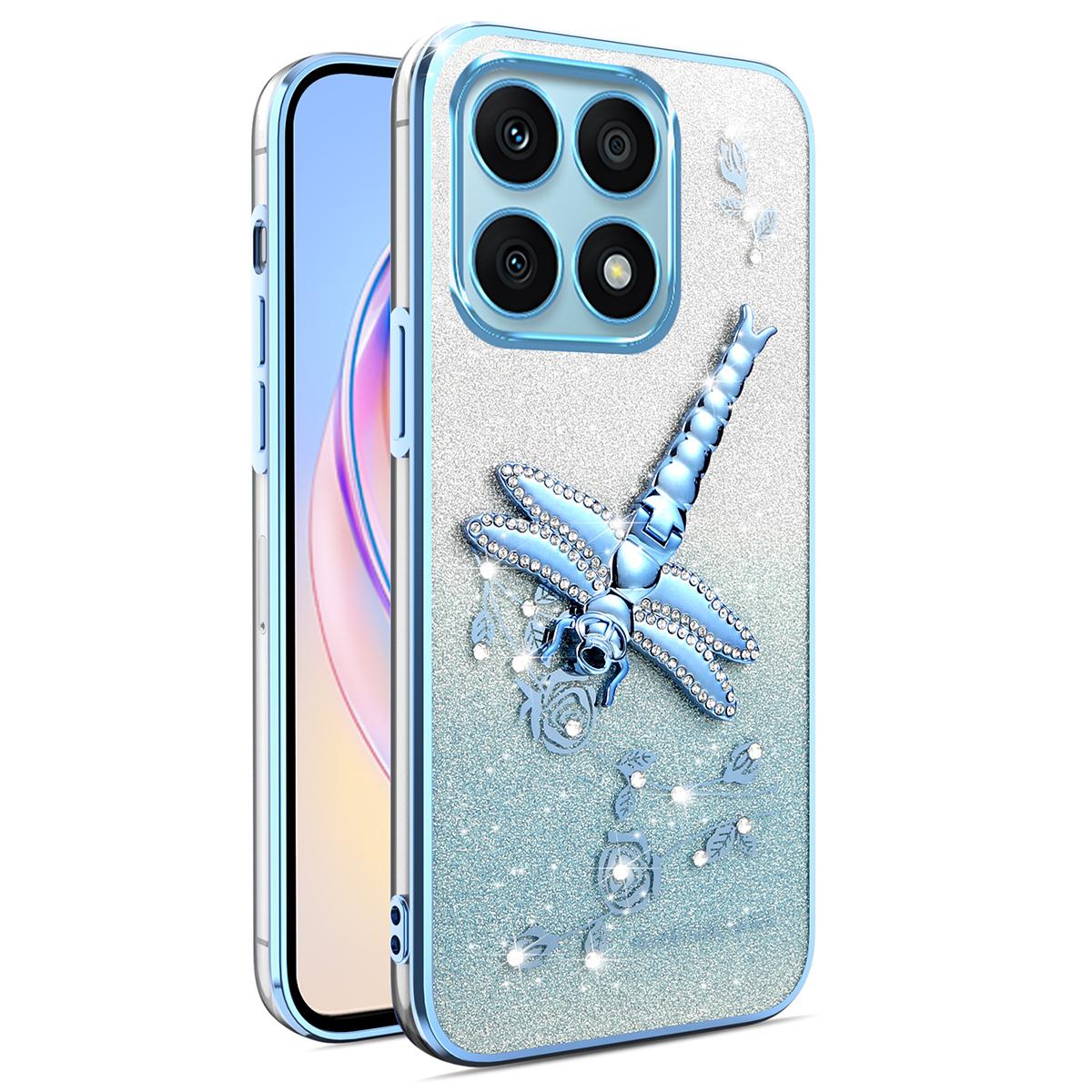 

KADEM For Honor X8a 4G Case Dragonfly Kickstand TPU Flowers Glitter Phone Cover C