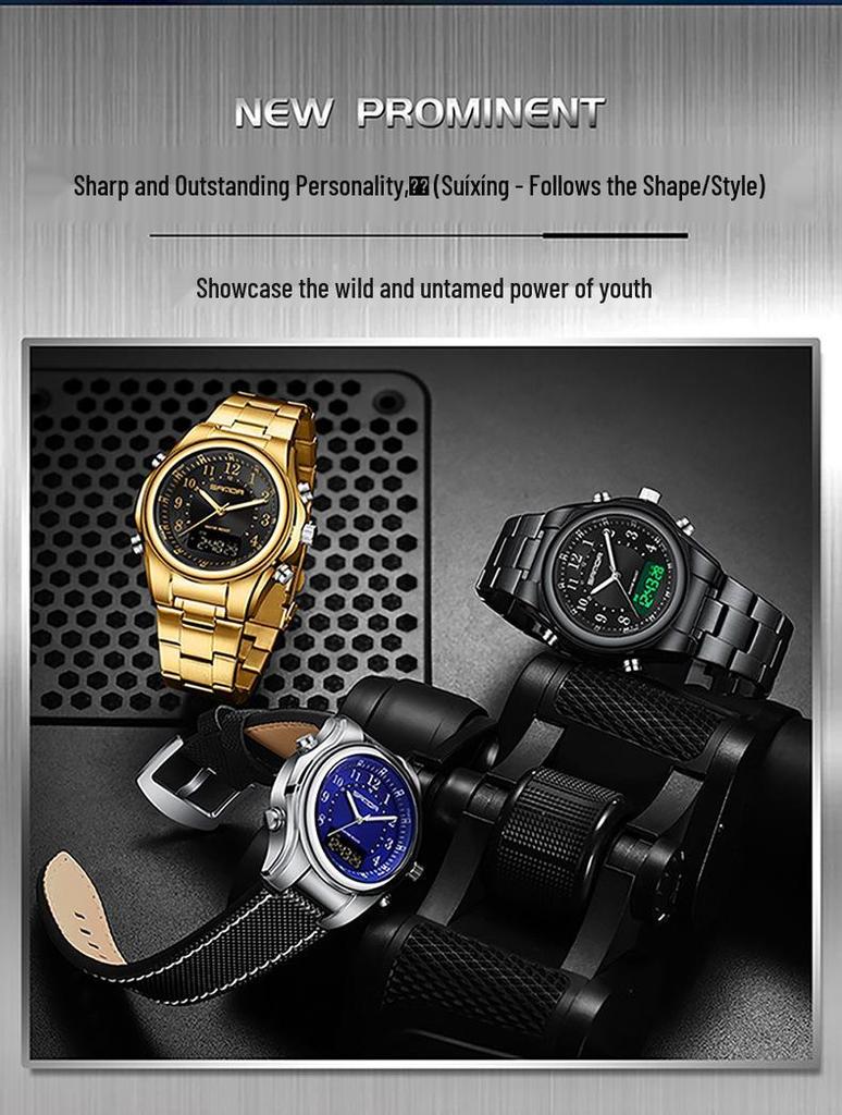Sanda Men's Multi-Functional Watch: Dual Display, Luminous, Waterproof, Steel & Leather Straps, Casual & Business Style