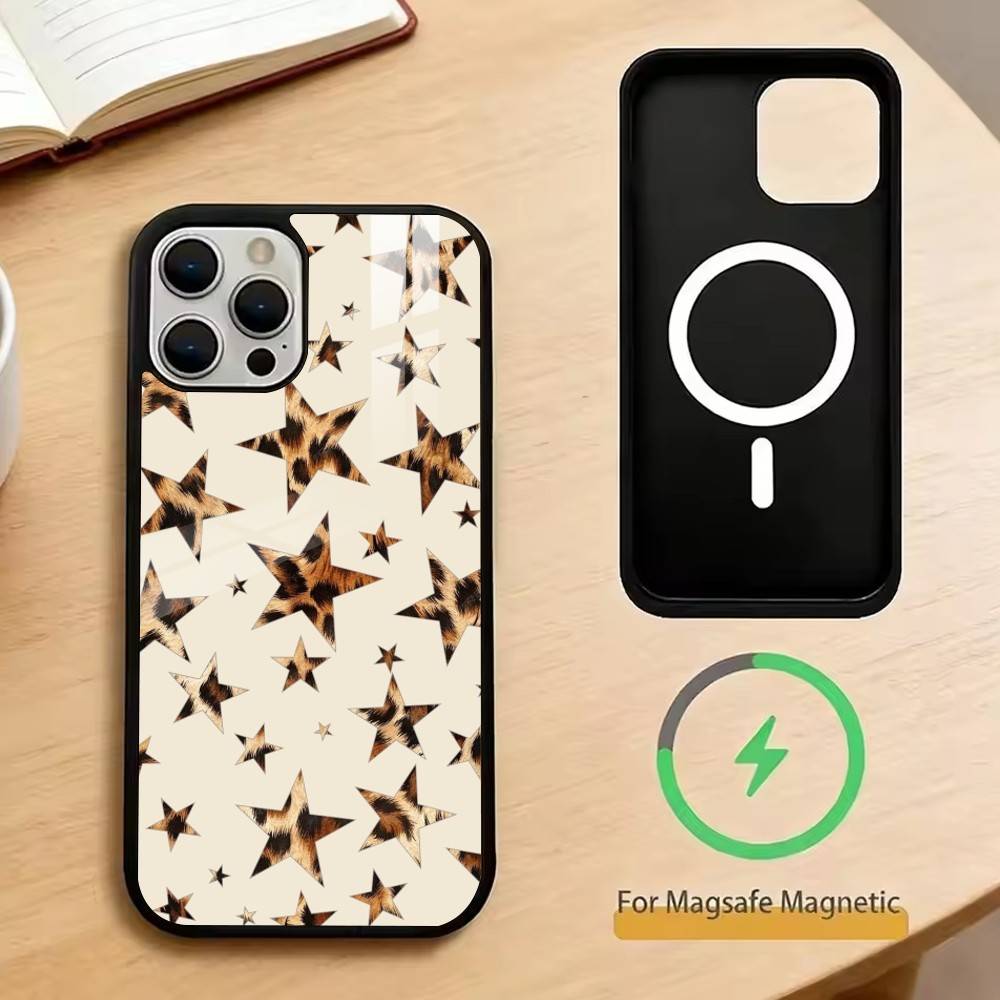 Trendy Leopard Print Star Pattern Phone Case For iPhone17,16,15,14,13,12,11 Plus,Pro Magnetic For Magsafe Wireless Charging