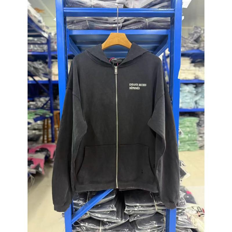 Classic Washed Vintage Zip-Up Hoodie Men Women - Oversized Cotton Sweatshirt With Embroidered