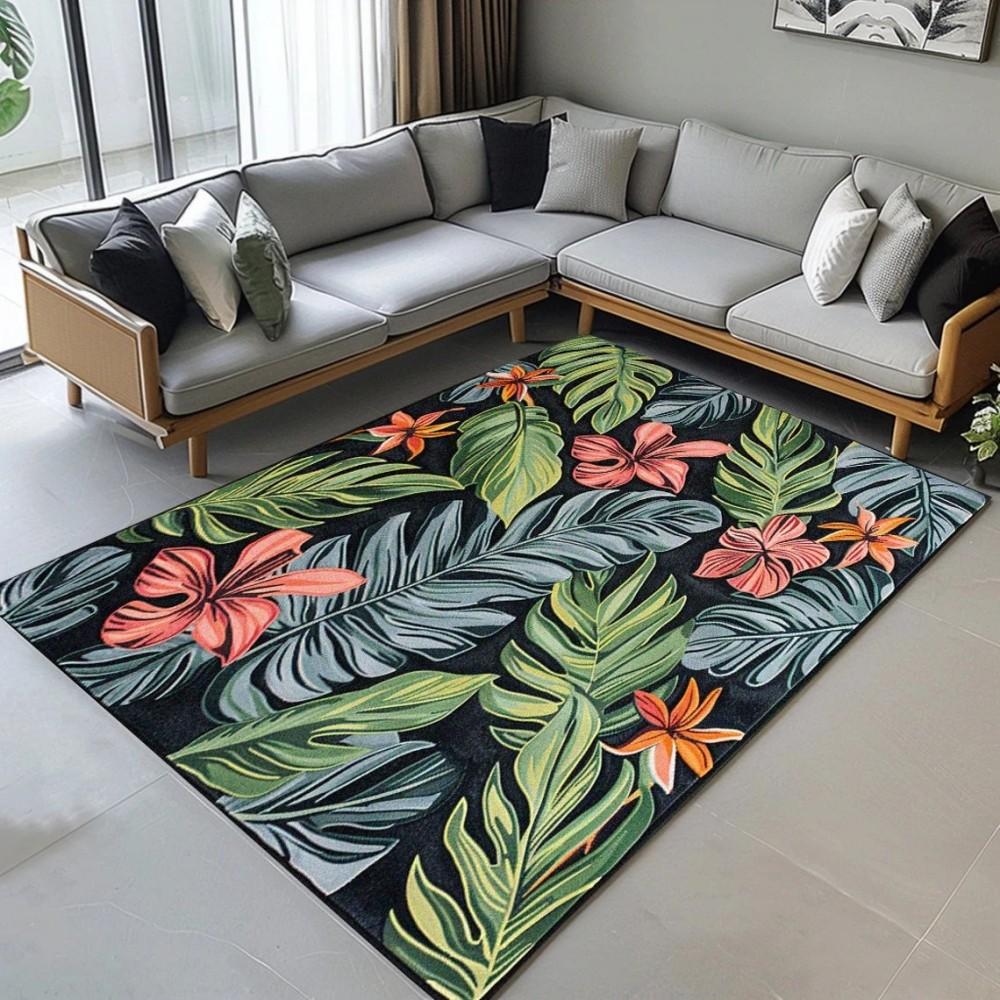 Teppich mit tropischem Blumen- und Blätterdruck für Zuhause, Wohnzimmer, Schlafzimmer, Küche. Weicher Teppich für Küche, Fußmatte, Schlafzimmer, Home Office