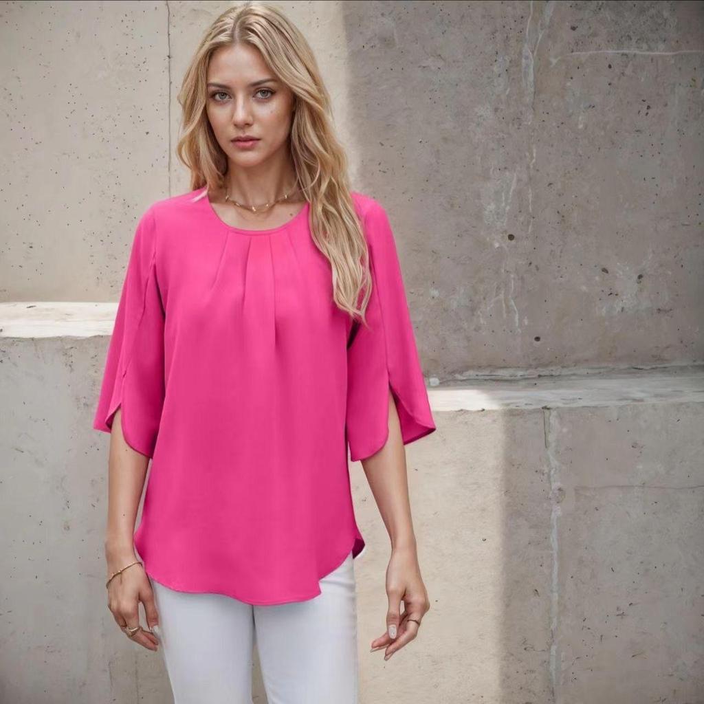 Blouse ample en mousseline de couleur unie à col rond et manches cinq points pour femme, style européen et américain