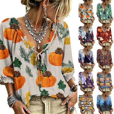 Women's Halloween Print Ruffle V-Neck Blouse with Tie Front for Party Costume