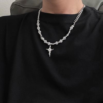 High-End Personalized Titanium Steel Necklace Irregular Metal Stone Ice Crack Cross Necklace Clavicle Chain