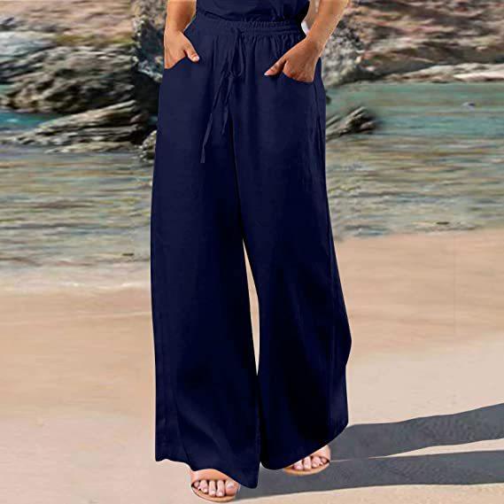 Women's casual wide-leg pants elastic waist lace-up trousers