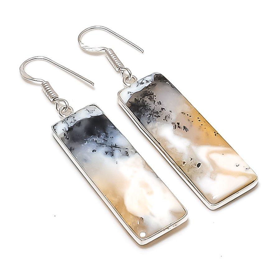 Natürlicher Dendritopal Edelstein Handgefertigter 925er Sterling Silber Ohrring 2,25" AE-11643
