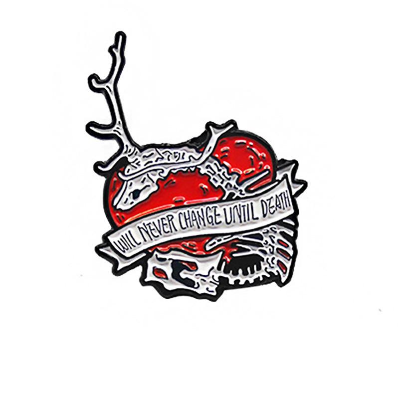 Trendy Red Heart Skull Skeleton Brooch with Ribbon & Letter Design