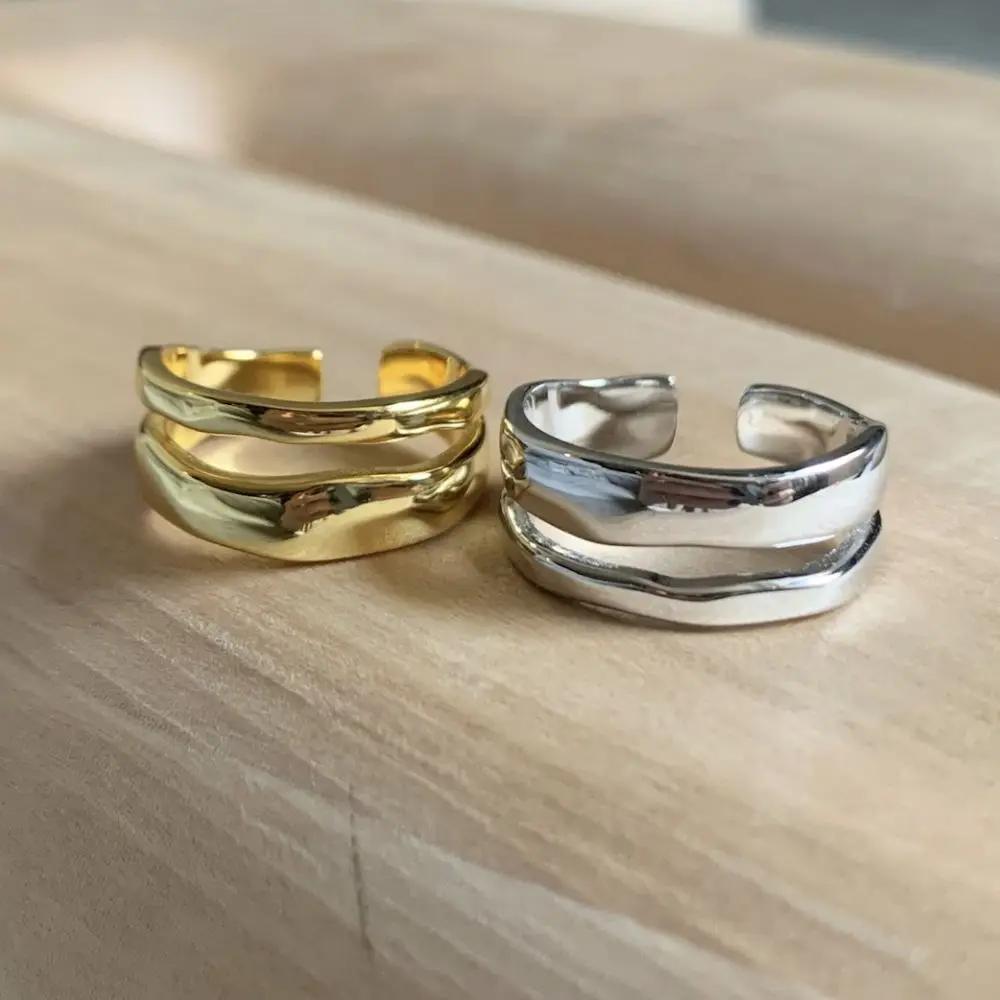 1/3 PCS Double Row Stackable Open Resizable Wave Stainless Steels Ring 18K Plated Gold Silver Minimalist Irregular Rings Jewelry