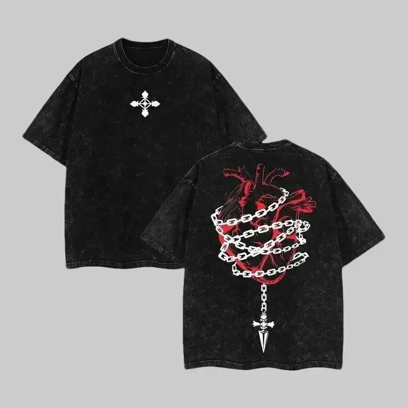 Kurapika HxH Urteils-Kette Acid-Wash Übergroßes Y2K Baumwoll-Grafik-T-Shirt