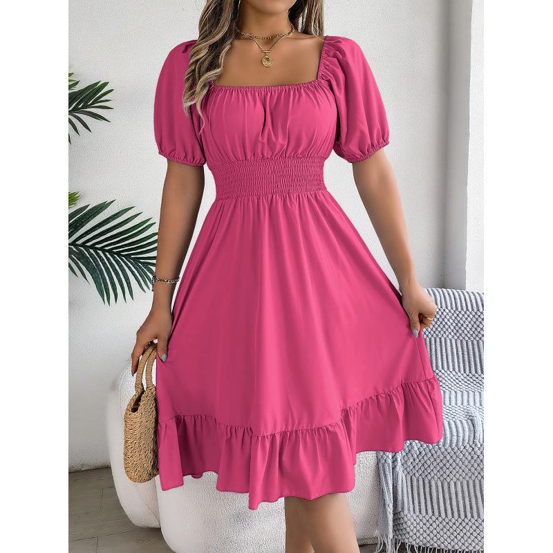 Summer 2026 casual square neck short-sleeved dress women s waist ruffled A-line skirt S розы красного