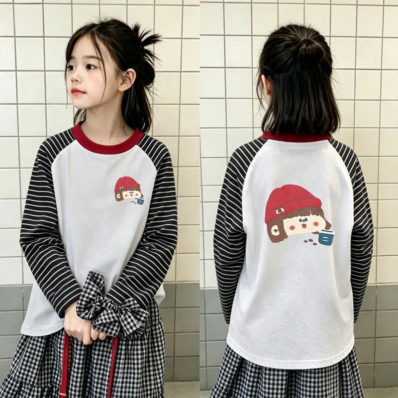 Girls' Striped Cotton Long-Sleeve T-Shirt, Spring/Autumn Style, Loose Fit, Versatile Patchwork, Round Neck, Medium to Large Sizes