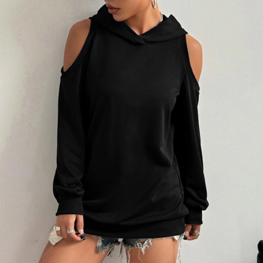 Women's Fashion Casual Solid-color Long-sleeved Off-the-shoulder Hooded Sweatshirt