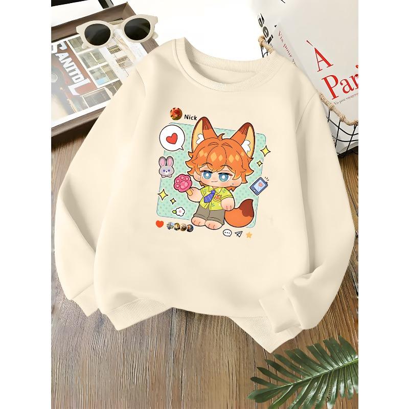 Kids Unisex Crewneck Sweatshirt, Cute Cartoon Fox Nick Rabbit Heart Print Long Sleeve Pullover, Soft Kids Sweatshirt For Boys Girls Over 4 Years Old