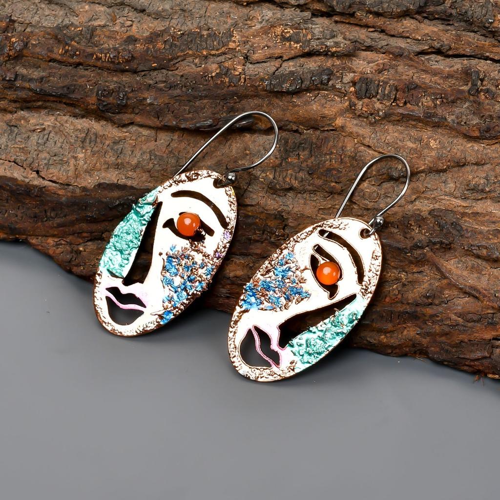 Round Carnelian Stone Copper Dangling Hook Multi Electroformed Earrings Jewelry V-93