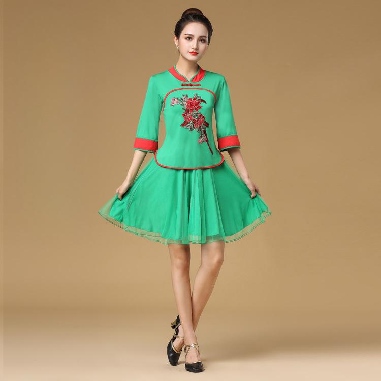 Dance Costume Suit Ethnic Style Embroidered Applique Blouse Middle-aged and Elderly Short-sleeved Suit