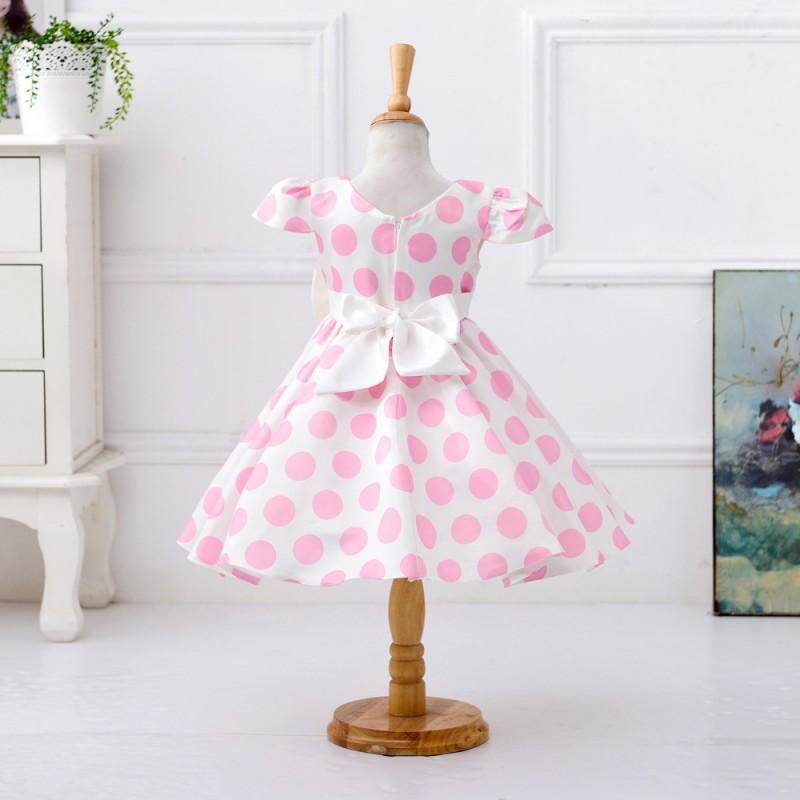 Girls Polka Dot Short Sleeve Bow Dress Kids Formal Party Gown 3-12 Years Old