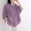 Womens Teal Linen Blouse Casual Round Neck Lantern Sleeve Button Up Solid Color Top