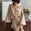 European and American Casual Loose Women's Suit, Solid Color V-neck Long-sleeved Top, Ruffle Edge Wide-leg Pants Two-piece Set