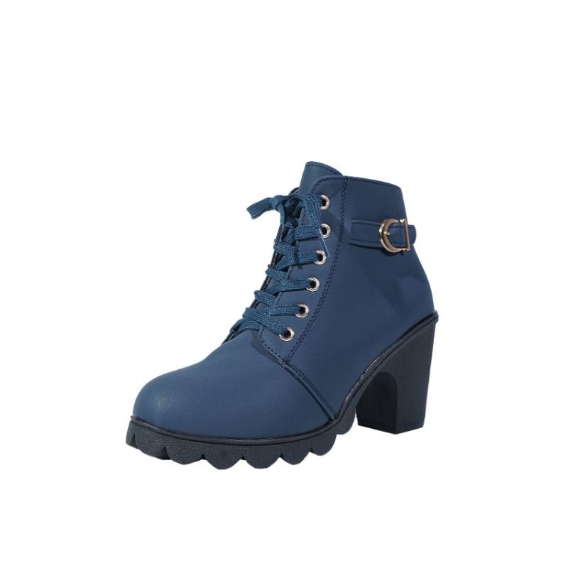 Autumn and Winter New High-heeled Women's Boots Cross-strap Short Boots Belt Buckle Thick-heeled Martin Boots Leather Boots Women Shoes