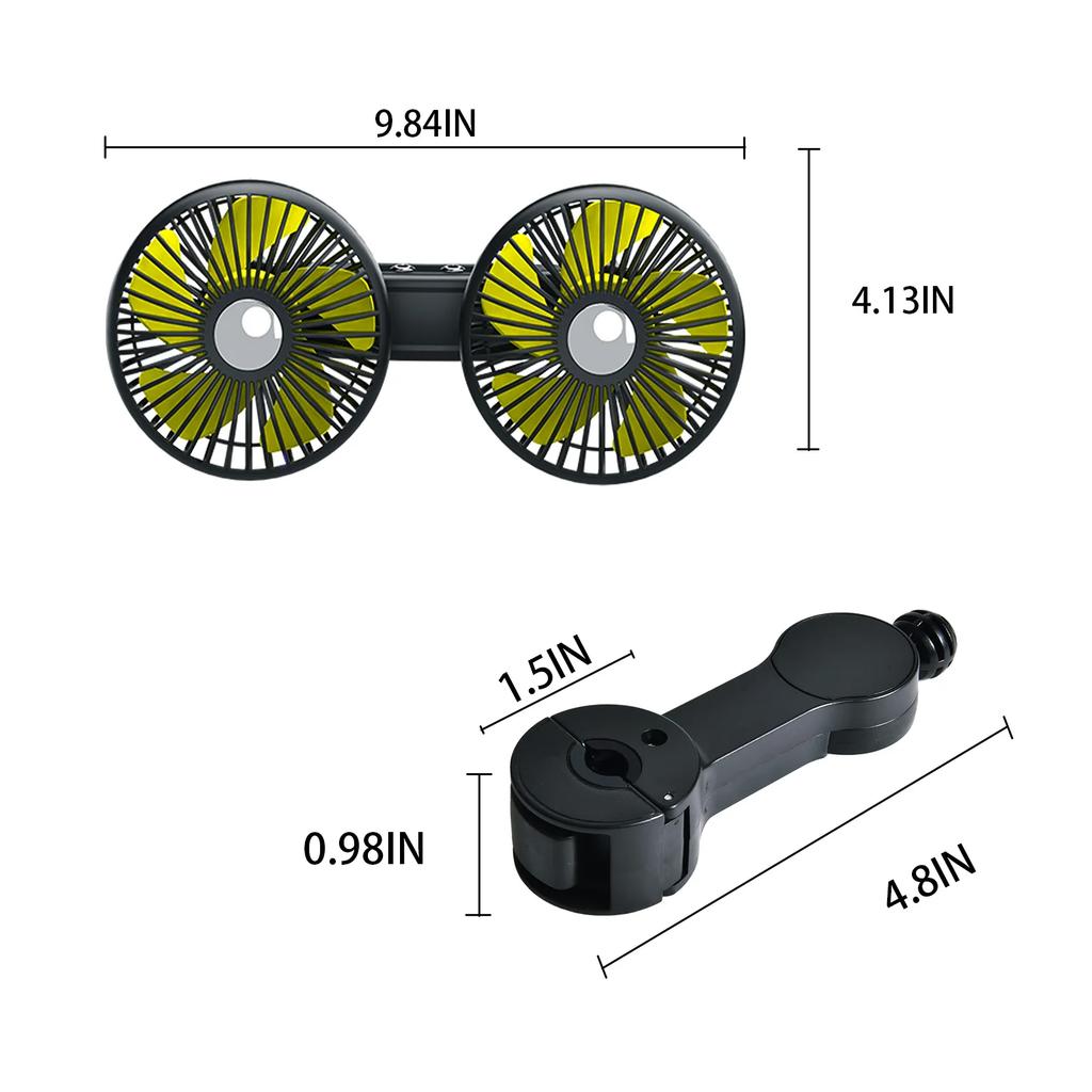 Hipacool Extension Arm Dual-Head Fan for Car Headrest 360° Rotation Air Cooling Fan Angle Adjustable 3-Speed Wind Brushless Fan