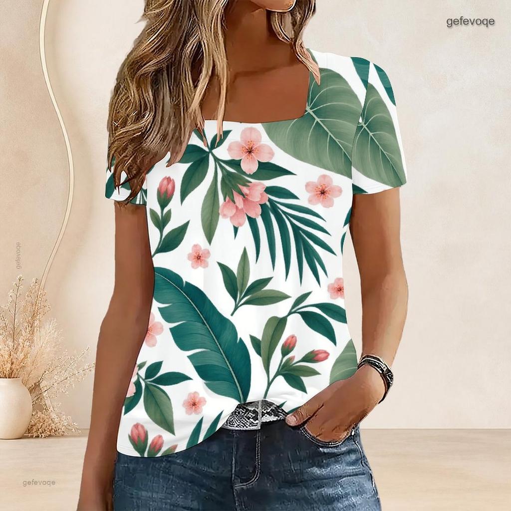 Women Plus Size U Neck Short Sleeve Tropical Leaf Printed White Curved Hem T Shirt