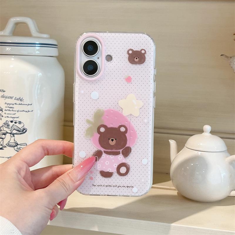 

Cartoon Pink Strawberry Bear Headset Phone Case for iPhone 17/16 Pro Max/15 Pro iPhone 15 Pro Max