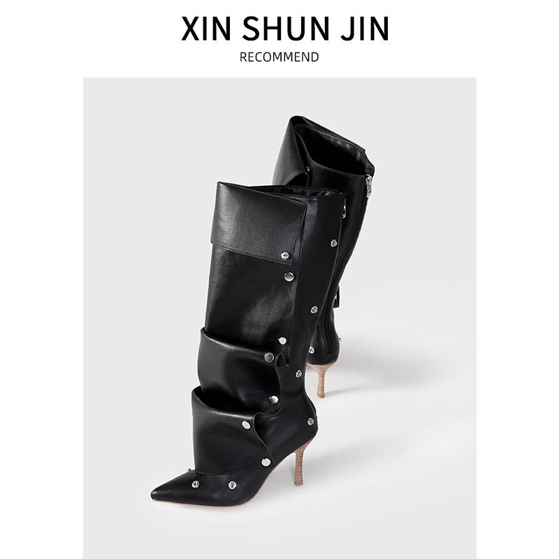 Willow Nail Buckle Splicing Two Wear Stiletto Denim Pleated Pile Boots Female Personality Spice Girl Fashion Boots Female