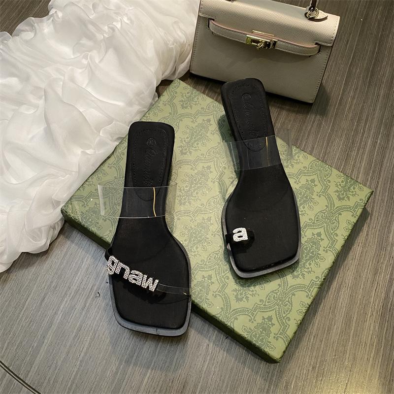 Transparent Rhinestone Toe Sandals Women's Summer Square Head Sexy Temperament Cool Slippers Medium Heel High Heels Women's Stiletto