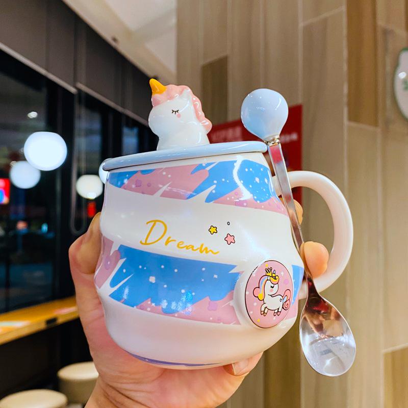 Einhorn Regenbogen Keramiktasse mit Deckel & Löffel - Niedliche Trinktasse für Mädchen