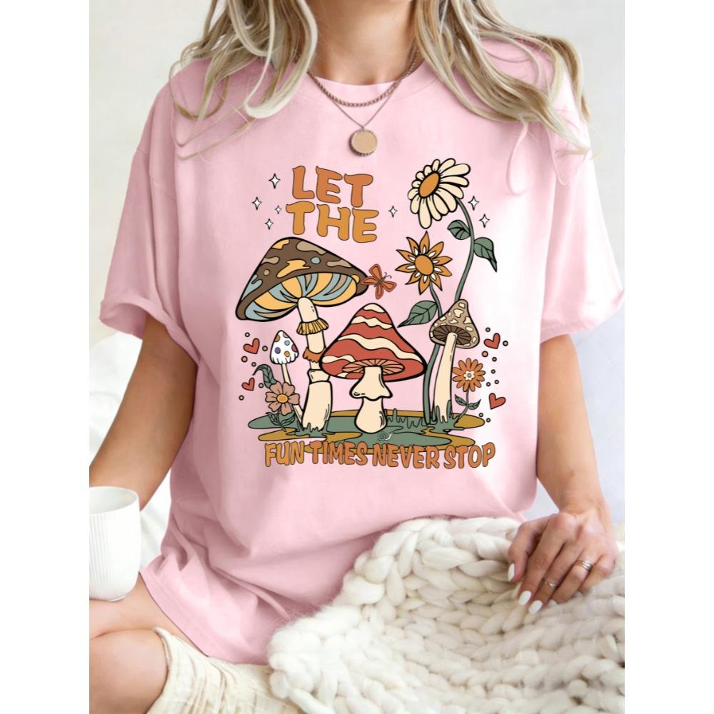 Fun Times Never Stop Mushroom Sunflower Prints Women T Shirts Y2K Soft Short Sleeve Summer T-Shirt Cotton Loose Clothing