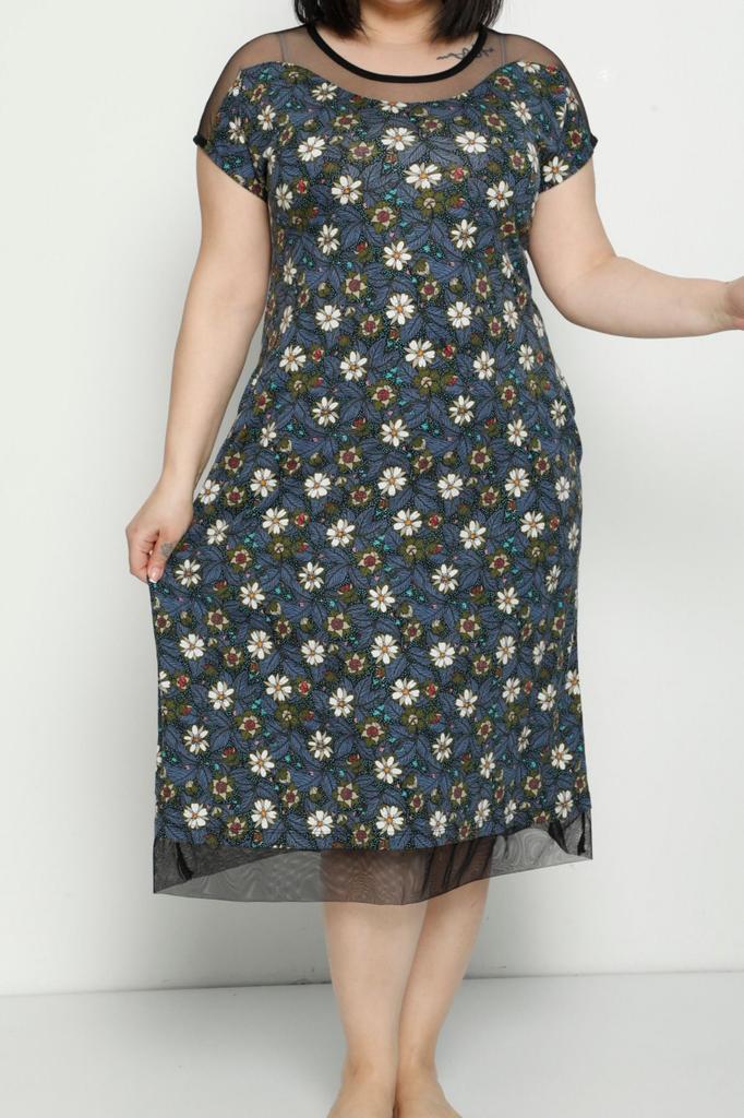 Damska Sukienka w Dużym Rozmiarze Wzorzysta Kieszeń Tiulowe Detale Bawełna Czesana Modal Plus Size Krótki Rękaw Bawełniana Sukienka