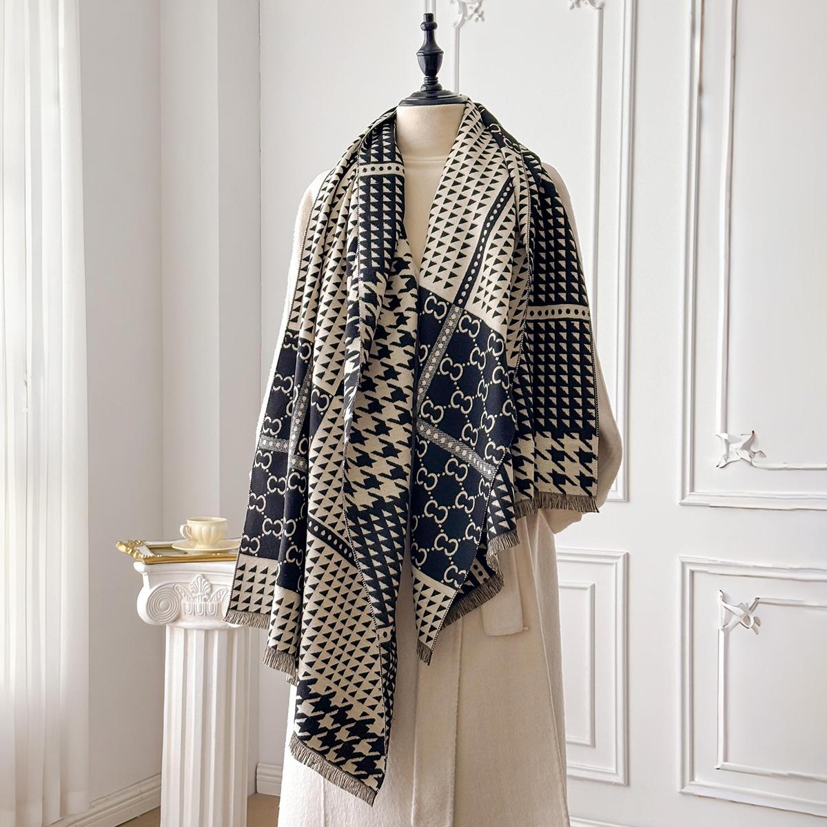

New Elegance Houndstooth Print Scarf Soft Warm Fringe Pashmina Jacquard Shawl Autumn And Winter Coldproof Windproof Blanket