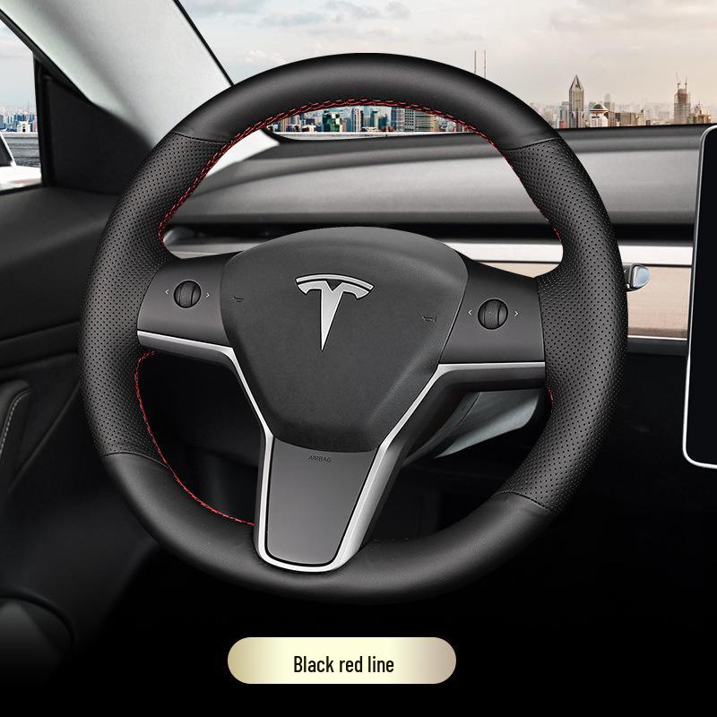 

Tesla Hand-Stitched Genuine Leather Steering Wheel Cover for Models 3/Y/X/S - Full Coverage, Anti-Slip Grip. Specify Year and Configuration
